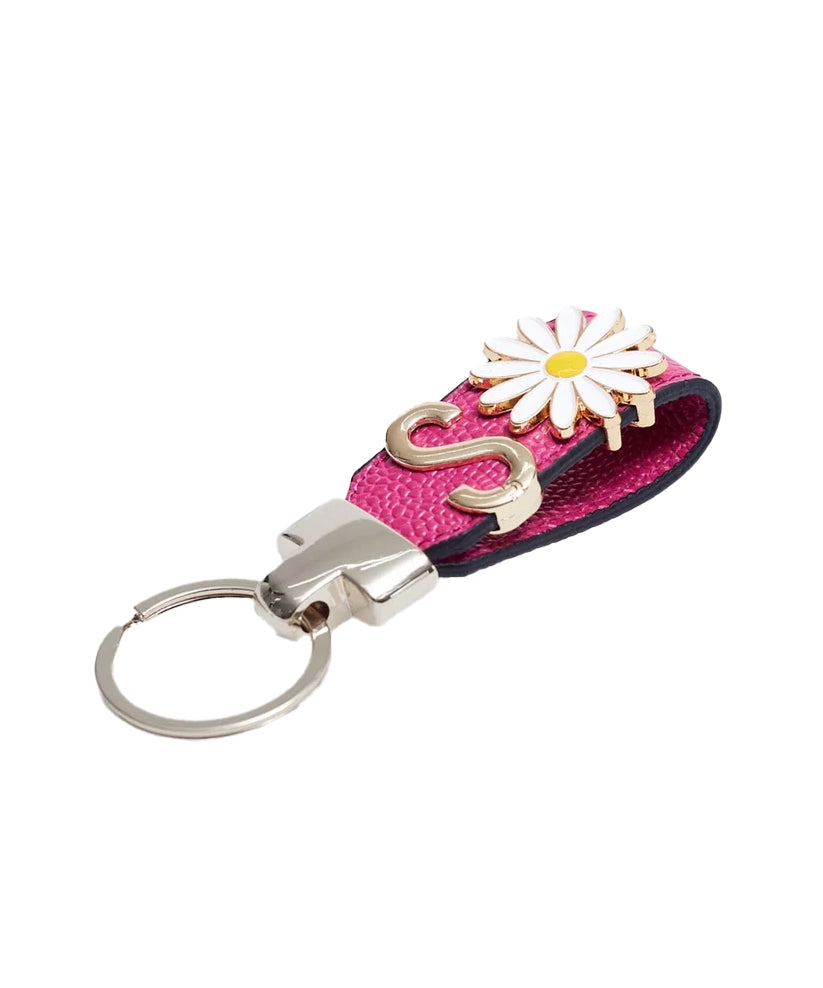 Personalized Fuchsia Leather Keychain with Custom Letter