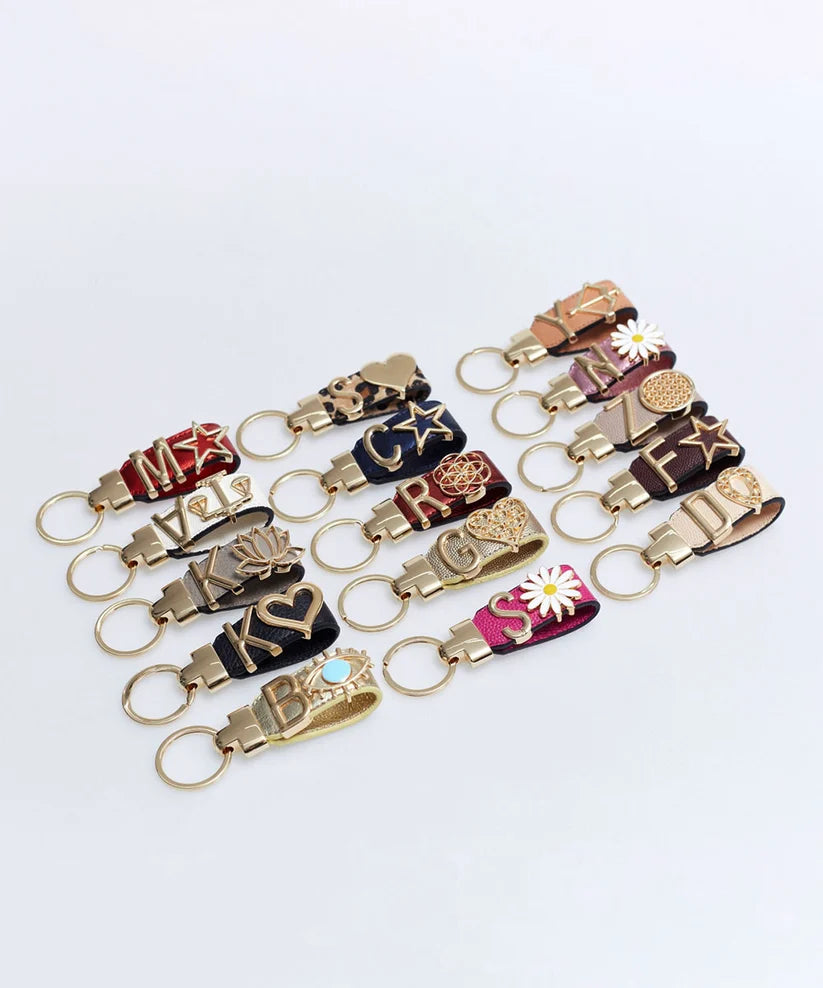 Personalized Black Leather Keychain with Custom Letter