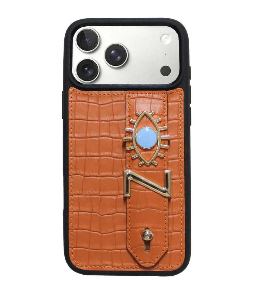 Personalized Orange Croco Leather iPhone Case | Handmade Genuine Calfskin